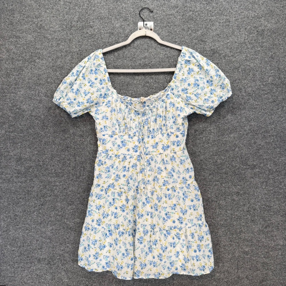 Cottage Core Milkmaid Mini Dress Shirt Womens Large White Floral Puff Sleeve